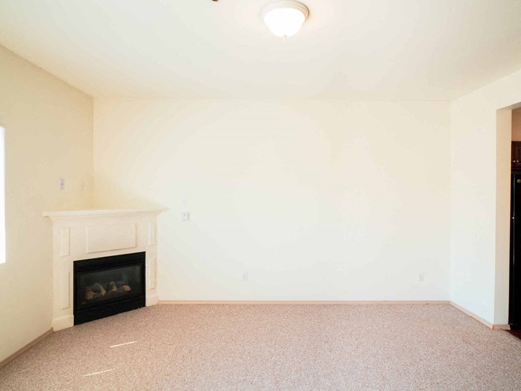 a living room with a fireplace and a white wall