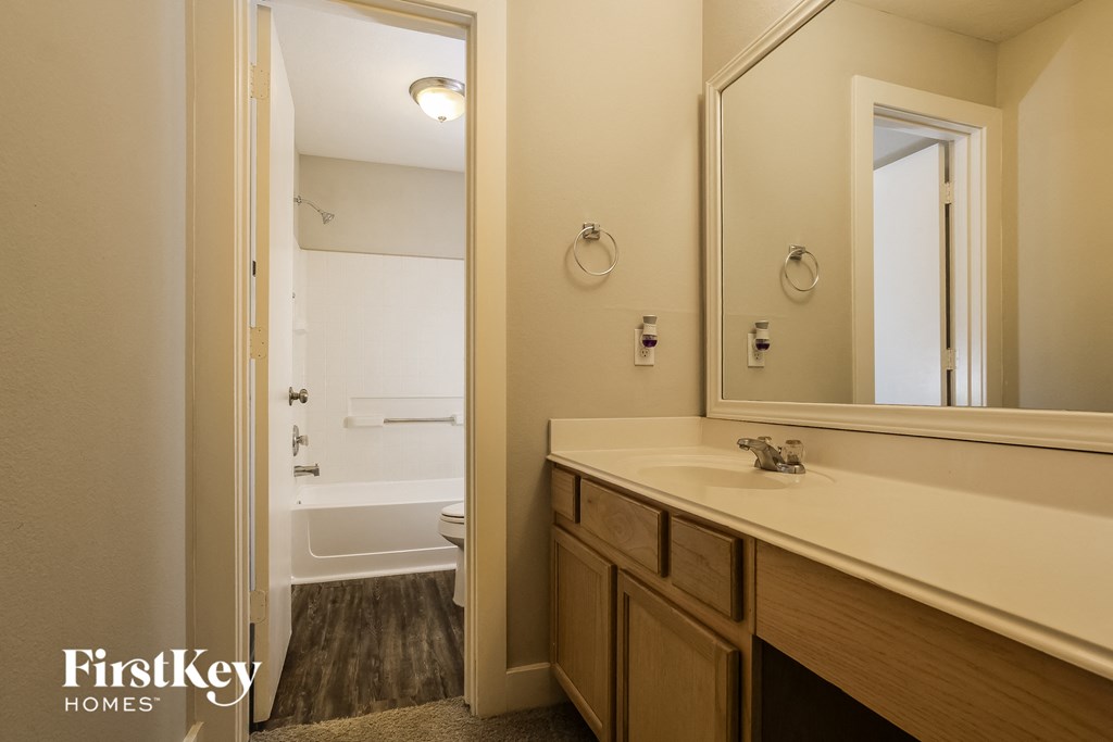 a bathroom with a sink and a mirror and a bath tub