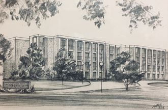 a sketch of a building with trees in front of it