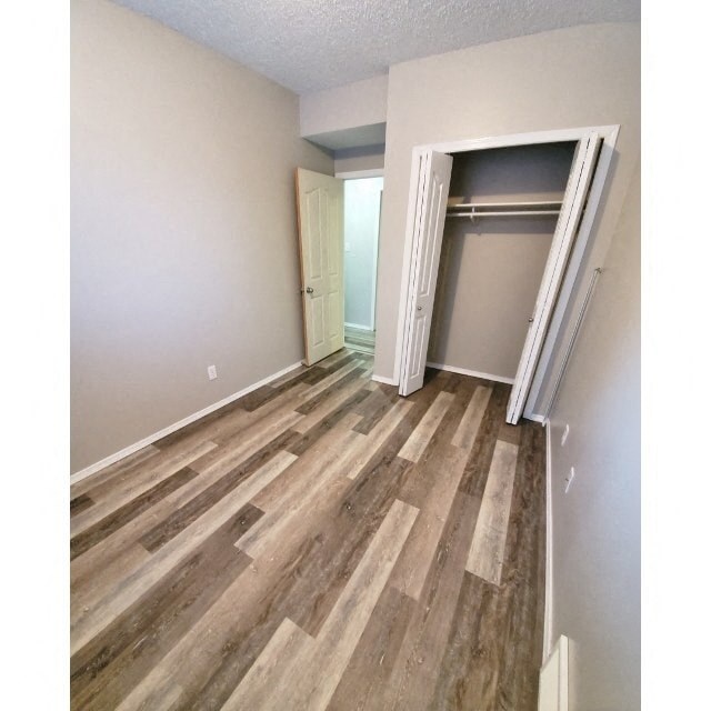 an empty room with wood floors and a closet