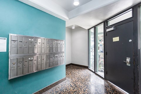 A hallway with a blue wall and a black door.