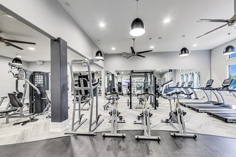 a gym with treadmills and other exercise equipment