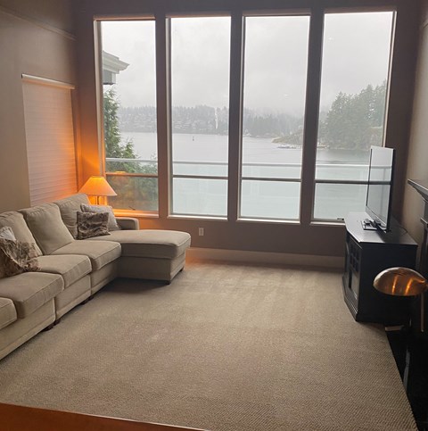 A living room with a couch, a lamp, and a television.