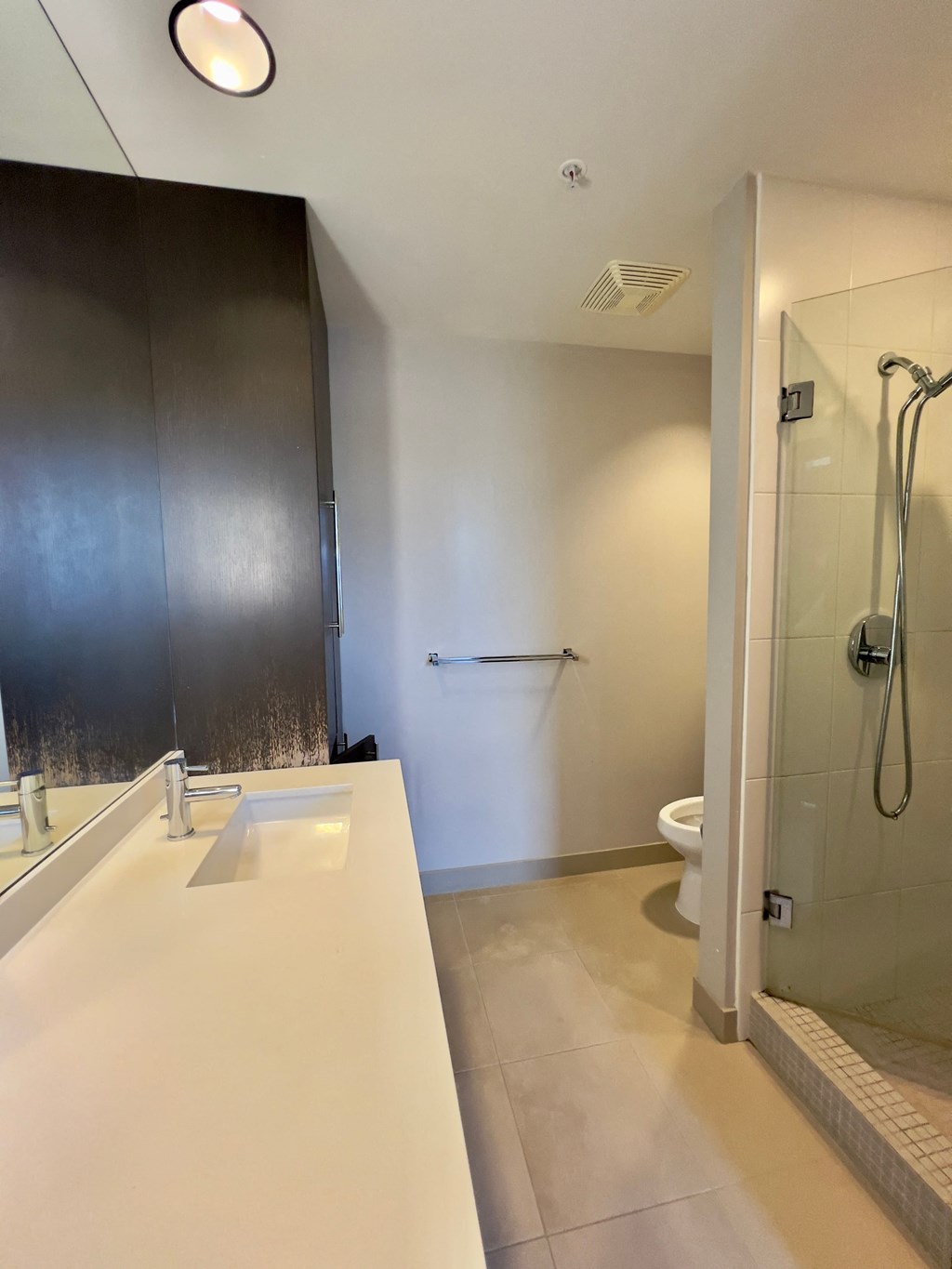 a bathroom with a sink and a shower and a toilet