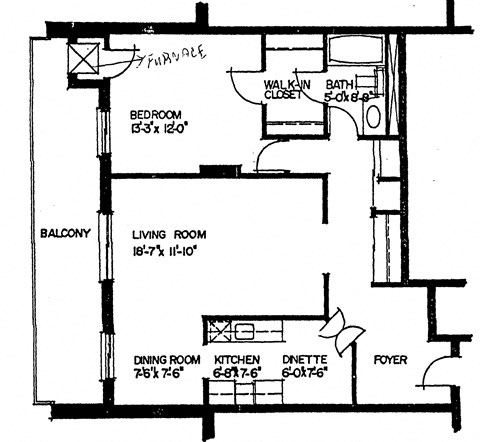One bedroom, one bathroom apartment layout at Dalhousie Place in Amherstburg, ON