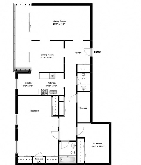 Two bedroom, one bathroom apartment layout at Dalhousie Place in Amherstburg, ON