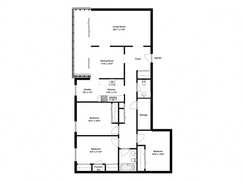Three bedroom, one bathroom apartment layout at Dalhousie Place in Amherstburg, ON