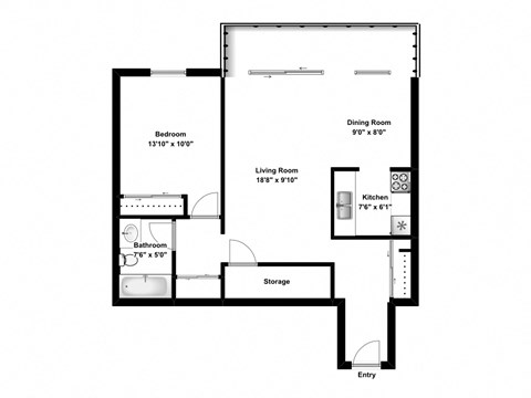 One bedroom, one bathroom apartment layout at Pickering Tower Apartments in Amherstburg, ON
