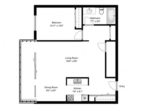 One bedroom, one bathroom apartment layout in Amherstburg, ON