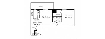 Floor plan of a 1 bed, 1 bath, open concept luxury apartment with a balcony view over Barrie