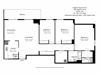 Enjoy luxurious living in a modern apartment with beautiful balcony views Floor plan of a 3 bed, 2 bath, upscale apartment with a spectacular view of the city