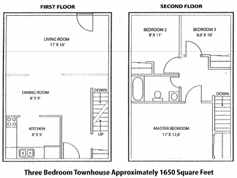 Floor plan of 3 bed, 1 bath, deluxe suite with balcony access at Tamarack Woods in Barrie, ON