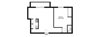 One bedroom, one bathroom apartment layout at Moira Apartments in Bellville, ON