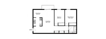 Two bedroom, one bathroom apartment layout at Moira Apartments in Bellville, ON