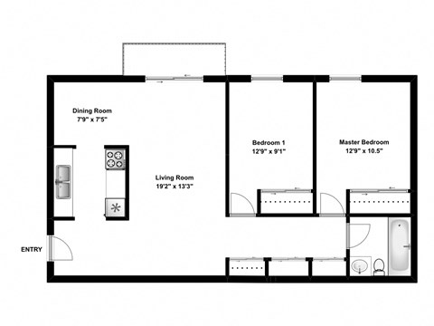 Two bedroom, one bathroom apartment layout at Moira Apartments in Bellville, ON