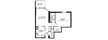 One bedroom, one bathroom apartment layout at Prince William Apartments in Belville, ON