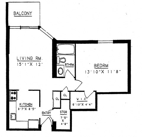 One bedroom, one bathroom apartment layout at Prince William Apartments in Belville, ON