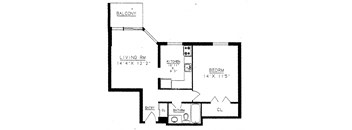 One bedroom, one bathroom apartment layout at Prince William Apartments in Bellville, ON