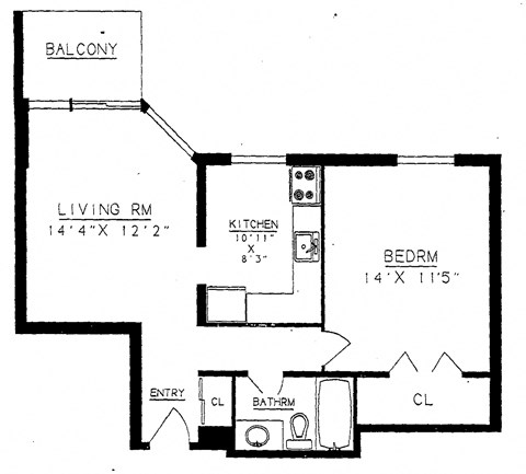 One bedroom, one bathroom apartment layout at Prince William Apartments in Bellville, ON