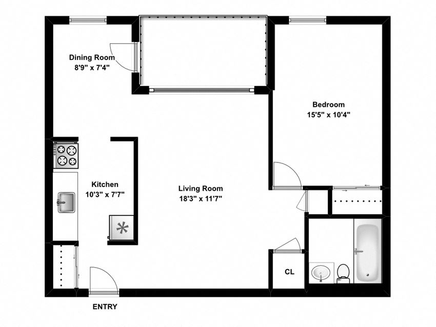 One bedroom, one bathroom apartment layout at The Parkwood in Bellville, ON