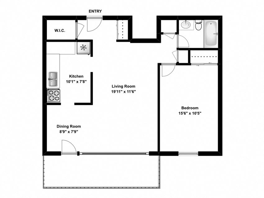 One bedroom, one bathroom apartment layout at The Parkwood in Bellville, ON