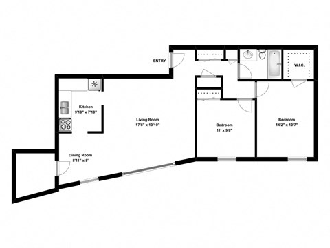 Two bedroom, one bathroom apartment layout at The Parkwood in Bellville, ON