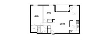 Two bedroom, one bathroom apartment layout at The Parkwood in Bellville, ON