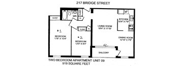 Two bedroom, one bathroom apartment layout at The Parkwood in Bellville, ON