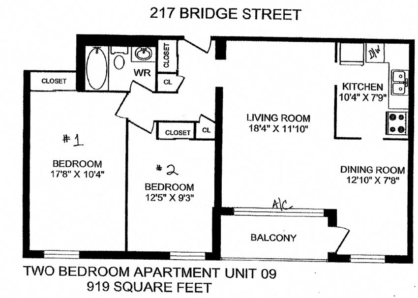 Two bedroom, one bathroom apartment layout at The Parkwood in Bellville, ON