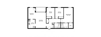 Three bedroom, one bathroom apartment layout at The Parkwood in Bellville, ON