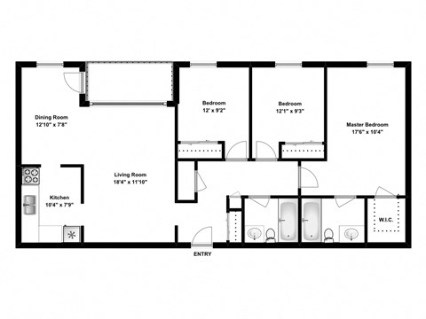 Three bedroom, one bathroom apartment layout at The Parkwood in Bellville, ON