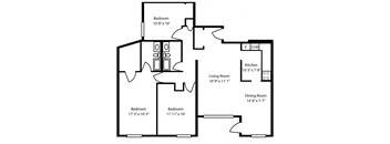 Three bedroom, one bathroom apartment layout at The Parkwood in Bellville, ON