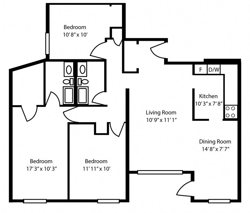 Three bedroom, one bathroom apartment layout at The Parkwood in Bellville, ON
