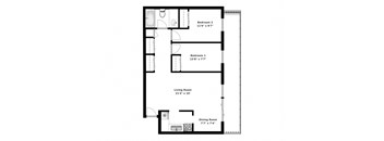 Floor plan of 2 bed, 1 bath, open concept apartments with balcony access at Bradford Place in Bradford, ON
