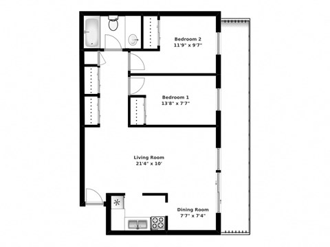 Floor plan of 2 bed, 1 bath, open concept apartments with balcony access at Bradford Place in Bradford, ON