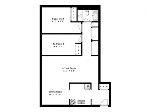 Floor plan of 2 bed, 1 bath, generous suites with balcony access at Bradford Place in Bradford, ON