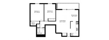 Floor plan of 2 bed, 1 bath, spacious apartments with balconies at Bradford Place in Bradford, ON