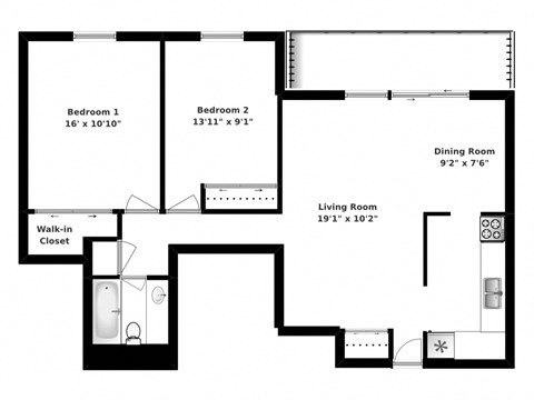 Floor plan of 2 bed, 1 bath, spacious apartments with balconies at Bradford Place in Bradford, ON
