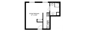 Floor plan of studio, 1 bath, open concept suite at Bradford Place in Bradford, ON