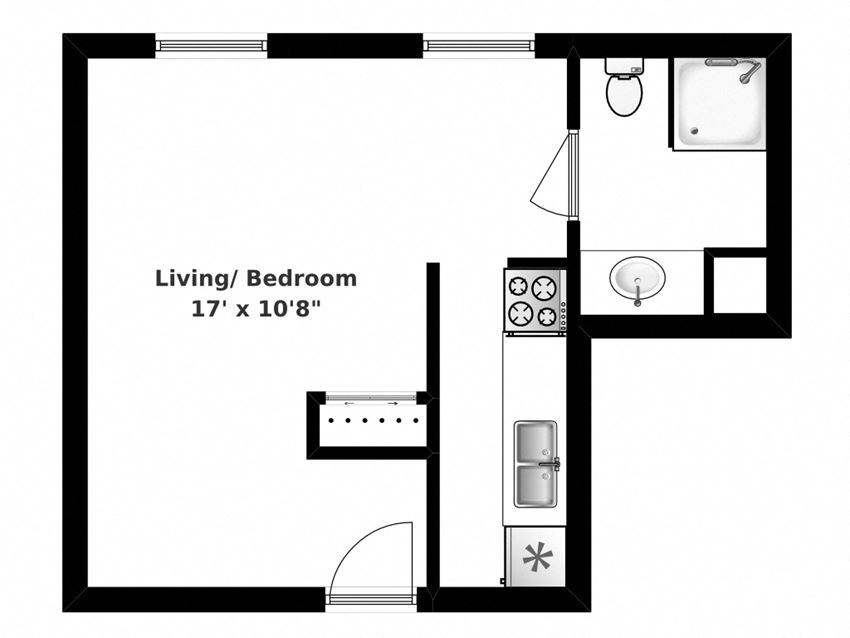 Enjoy comfortable, cozy living in spacious apartments Floor plan of studio, 1 bath, open concept suite at Bradford Place in Bradford, ON