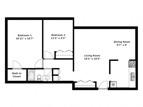 Floor plan of 2 bed, 1 bath, upscale, elegant apartments at Park Place in Bradford, ON