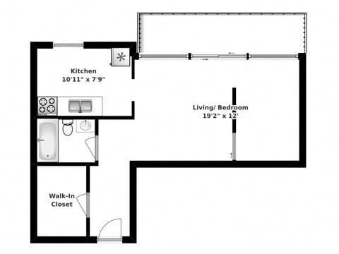 Floor plan of studio, 1 bath, spacious single suite at Park Place in Bradford, ON