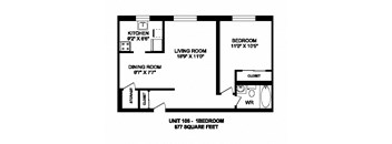 One bedroom, one bathroom apartment layout at Kensington Apartments in Brockville, ON