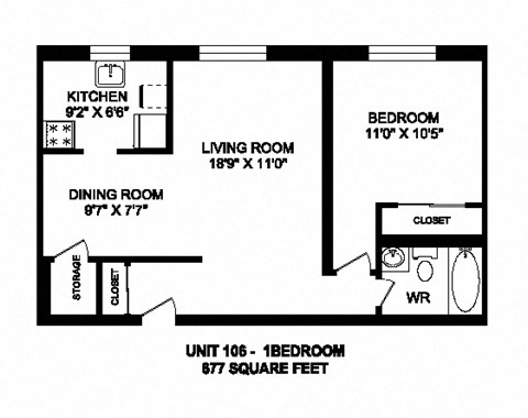 One bedroom, one bathroom apartment layout at Kensington Apartments in Brockville, ON