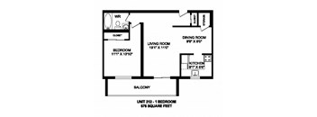 One bedroom, one bathroom apartment layout at Kensington Apartments in Brockville, ON