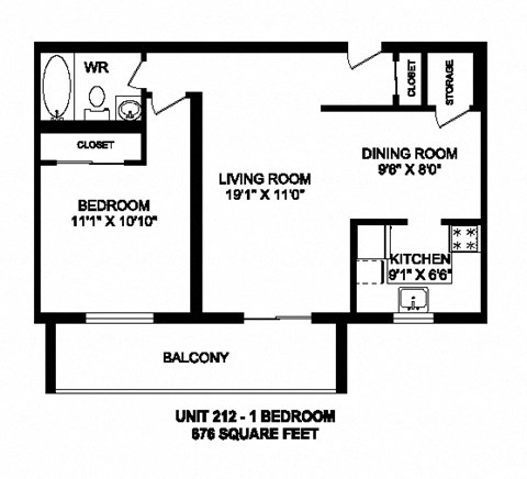 One bedroom, one bathroom apartment layout at Kensington Apartments in Brockville, ON