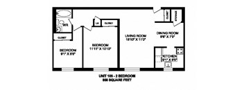 Two bedroom, one bathroom apartment layout at Kensington Apartments in Brockville, ON