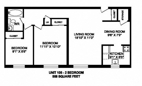 Two bedroom, one bathroom apartment layout at Kensington Apartments in Brockville, ON