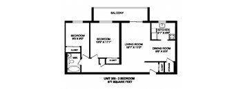Two bedroom, one bathroom apartment layout at Kensington Apartments in Brockville, ON