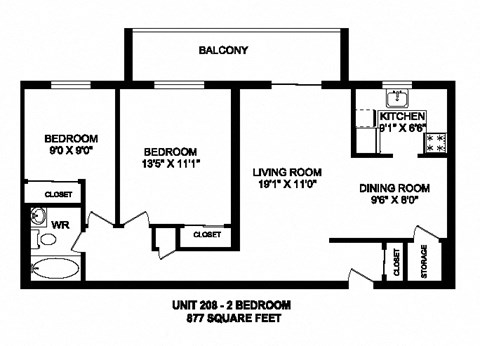 Two bedroom, one bathroom apartment layout at Kensington Apartments in Brockville, ON
